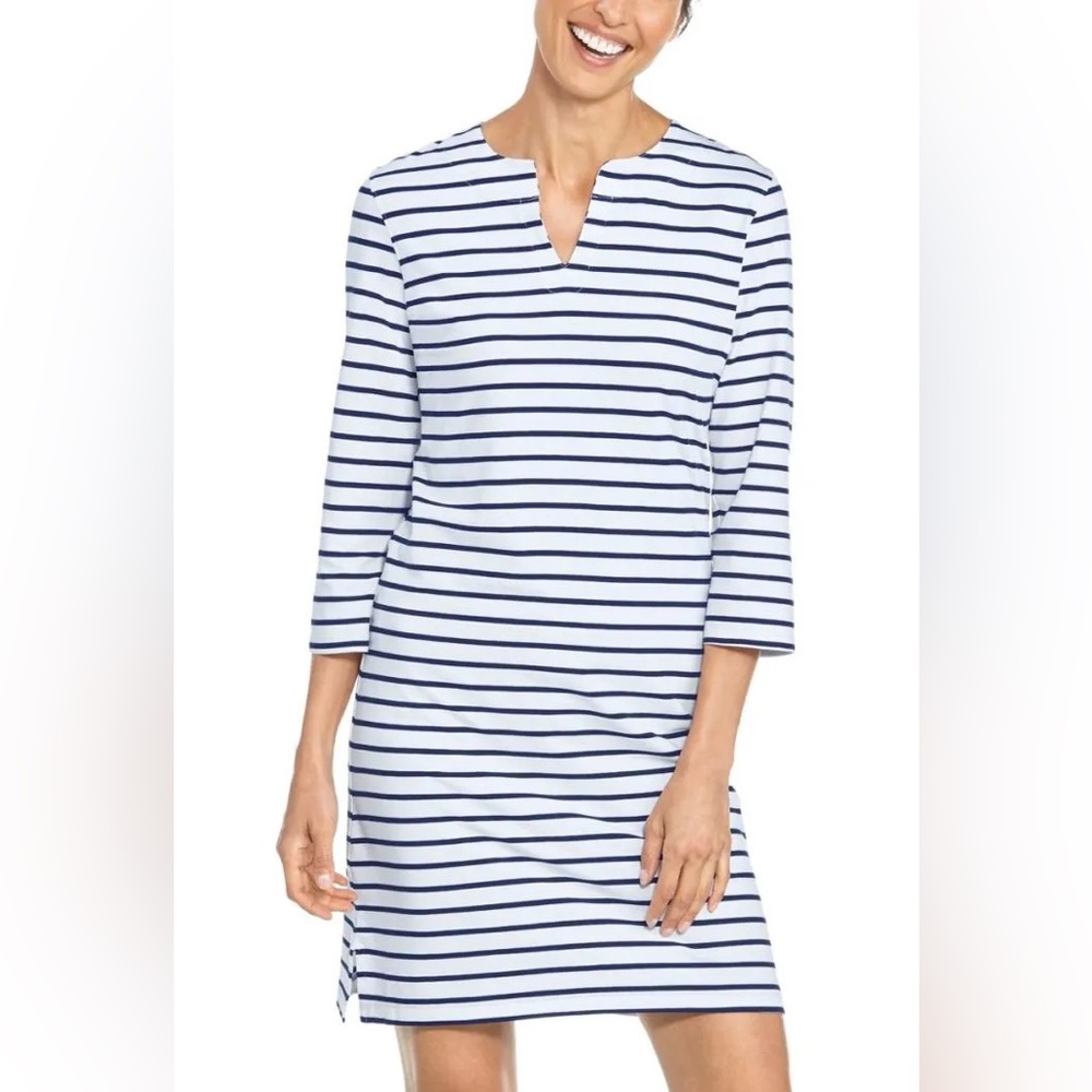 NWT Coolibar Oceanside tunic dress in midnight navy & white stripe. UPF 50+